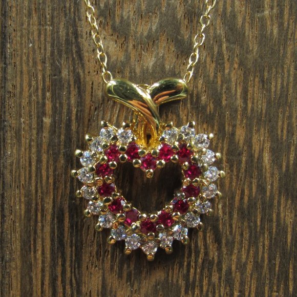Jewelry - 18" Sterling Silver Ruby & Cubic Zirconia Gold Plated Heart Necklace Vintage